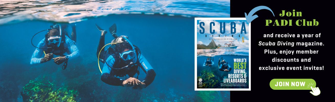 divers underwater and the magazine cover of scuba diving magazine with call to action to join club